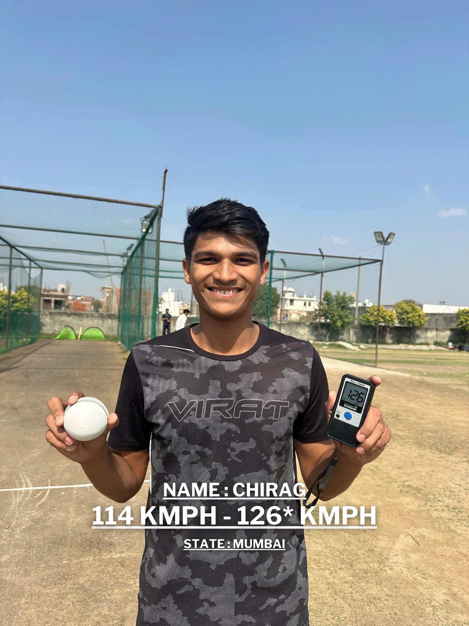 A young man is holding a cricket ball and a digital speedometer displaying his improved bowling speed at the Pathak100mph Cricket Academy.