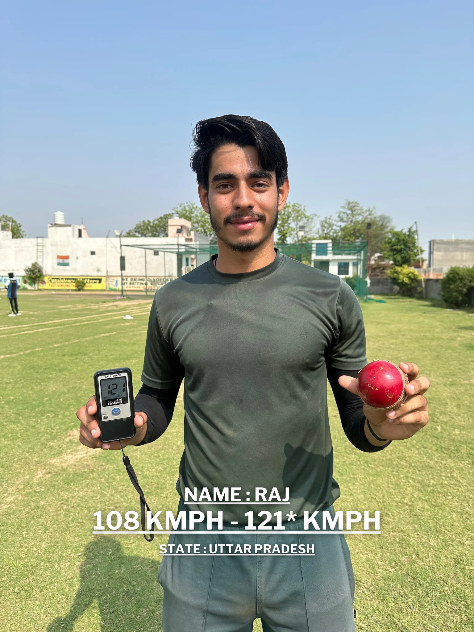 A young man is holding a cricket ball and a digital speedometer displaying his improved bowling speed at the Pathak100mph Cricket Academy.