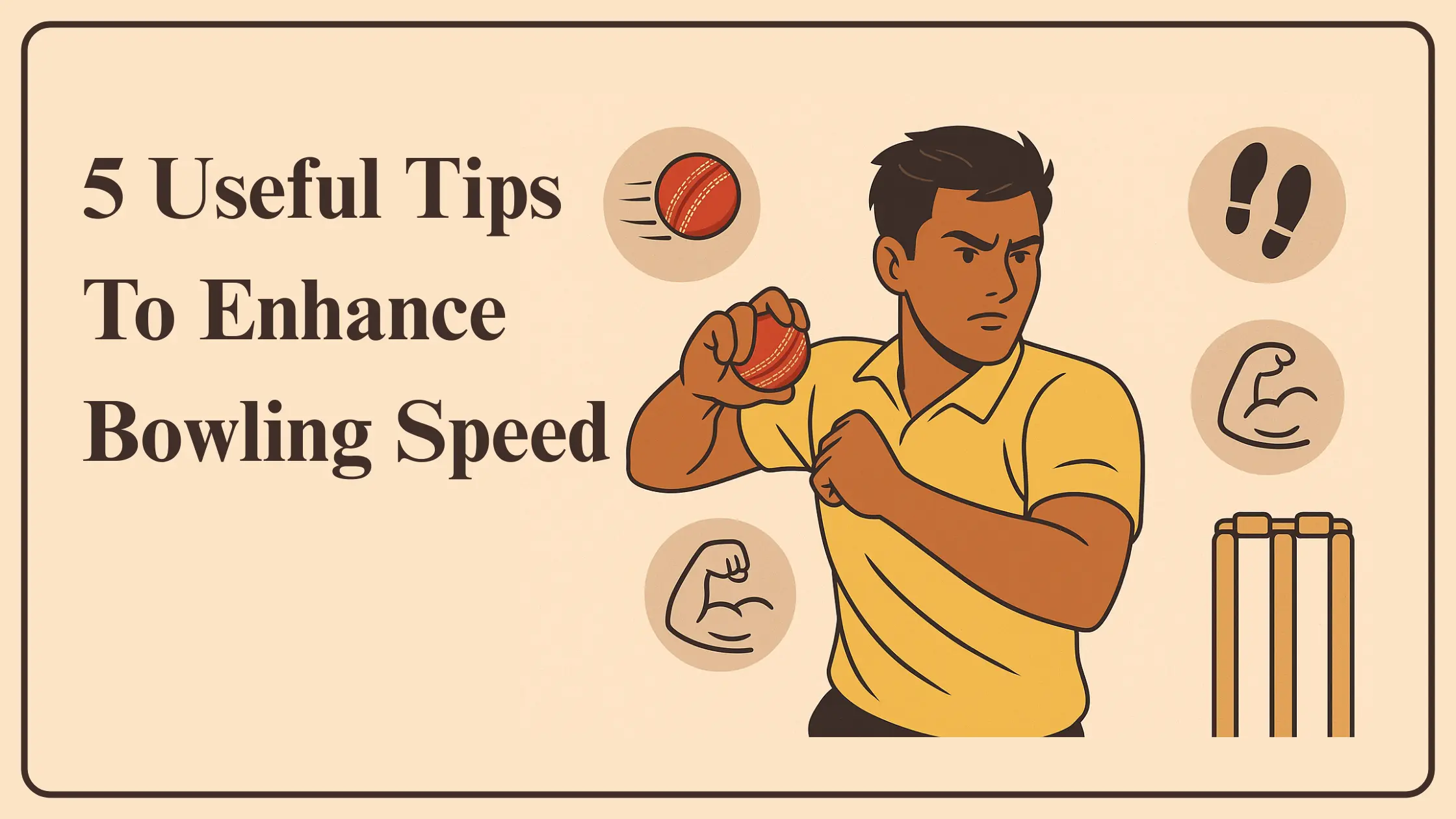Fast bowling tips banner with cricket ball and stadium background showcasing 5 Useful Tips to Enhance Bowling Speed.